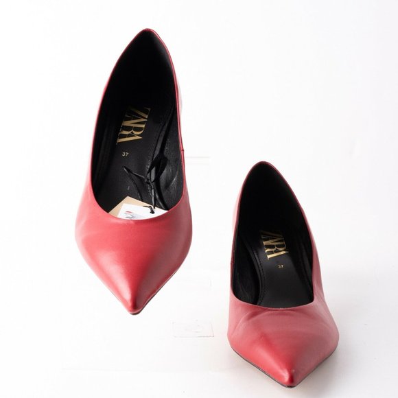 Zara Womens Red Leather Kitten Heels Pumps Shoes - Picture 4 of 9